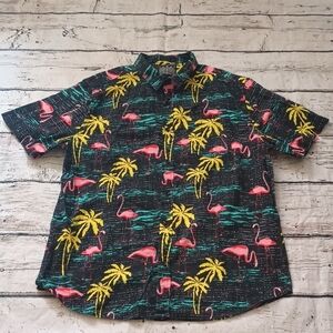 Straight Faded Men's Black Pink Flamingo Palm Print Shirt L
